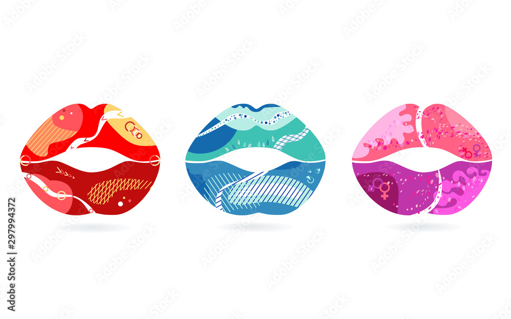 Set of abstract modern graphic Lips elements, icon. Dynamical colored kissing sexy girl lips. Valentines, mothers day logo.Template for the design of a flyer, presentation. Lips, kiss vector symbol. Set of abstract modern graphic Lips elements, icon. Dynamical colored kissing sexy girl lips. Valentines, mothers day logo.Template for the design of a flyer, presentation. Lips, kiss vector symbol.
