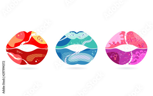 Set of abstract modern graphic Lips elements, icon. Dynamical colored kissing sexy girl lips. Valentines, mothers day logo.Template for the design of a flyer, presentation. Lips, kiss vector symbol.