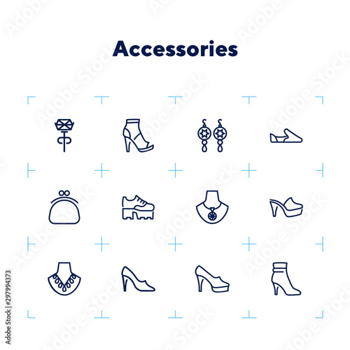 Accessories line icon set. Shoes, purse, necklace. Fashion concept. Can be used for topics like style, trend, jewelry