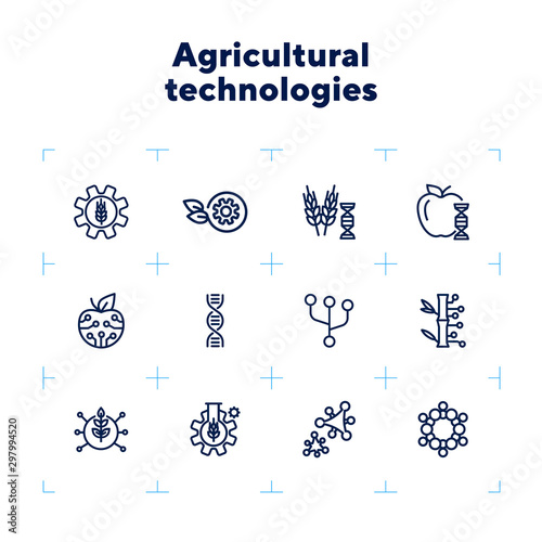 Agricultural technologies line icon set. Set of line icons on white background. Biotechnology concept. DNA structure, appe, chemistry. Vector illustration can be used for topics like science, biology