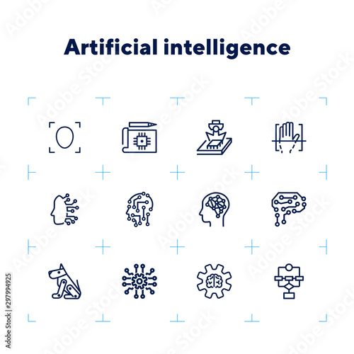 Artificial intelligence line icon set. Brain, gear, setting. Science concept. Vector illustration can be used for topics like shopping, wardrobe, winter