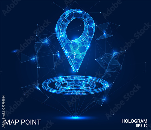 Hologram map point. Geolocation of polygons, triangles of points and lines. Positioning on the map low poly connection structure. The technology concept.