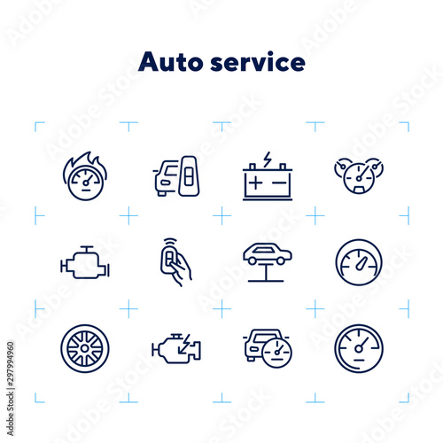 Auto service icon. Set of line icon on white background. Speedometer, engine, wheel. Car mechanics concept. Vector illustration can be used for topics like transportation, service, cars