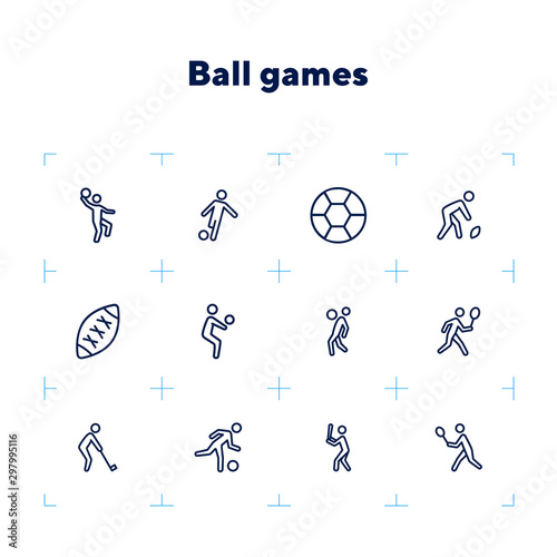 Ball games line icon set. Volleyball, football, soccer, rugby. Sport concept. Can be used for topics like sportsman, athlete, activity