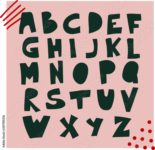 Green vector uppercase characters on pink background. Unique hand drawn alphabet for logos, typefaces, postcards, banners, book covers, apparel design