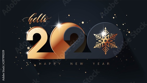 Happy new year 2020 holiday background with 3d numbers 2020 in black and gold colors. Vector illustration