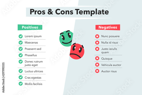 Simple infographic for pros and cons with funny emoji symbols isolated on light background. Easy to use for your website or presentation.