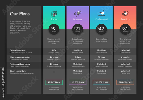 Modern pricing comparison table with four subscription plans and place for description - dark version. Flat infographic design template for website or presentation.