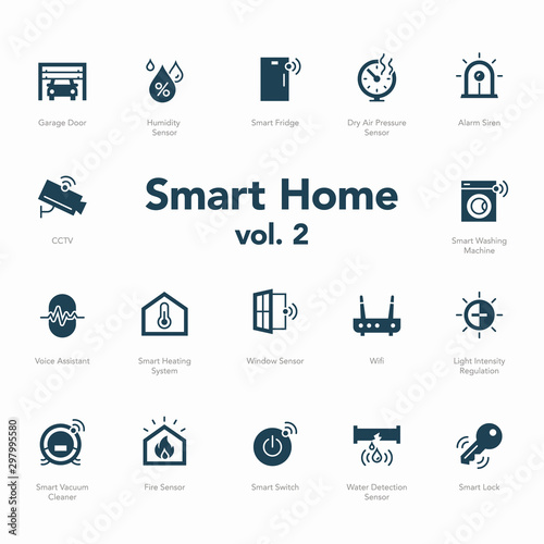Smart home icon set volume 2 isolated on light background. Contains such icons Garage Door, Light Intensity Regulation, Voice Assistant, Humidity Sensor and more.