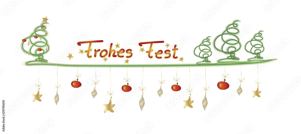 custom made wallpaper toronto digitalLange Karte mit freihand gezeichnetem Weihnachtsbaum und Christbaumschmuck mit Text Frohes Fest auf weißem Hintergrund.