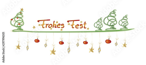 Wallpaper Mural Lange Karte mit freihand gezeichnetem Weihnachtsbaum und Christbaumschmuck mit Text Frohes Fest auf weißem Hintergrund. Torontodigital.ca