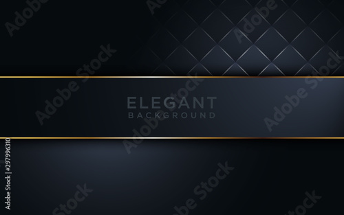 Abstract luxury black background overlap layer on dark space with golden lines combinations for use element cover, banner, brochure, and flyer. Texture with golden glitters dots element decoration