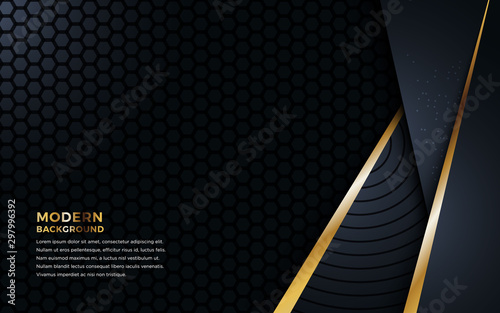 Black background overlap gold and black sheets, modern abstract widescreen background with place for your text or message