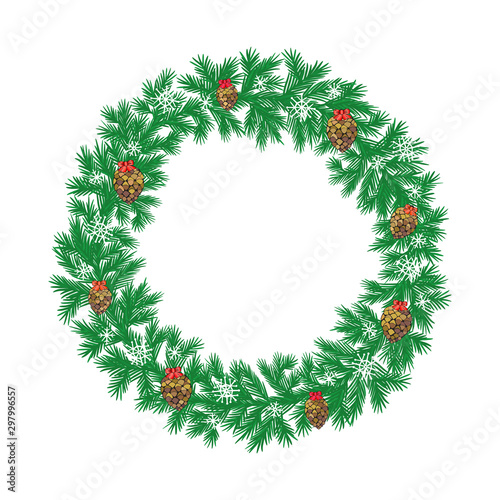 Christmas wreath with cartoon cones and bows. Color vector isolated illustration on a white background.