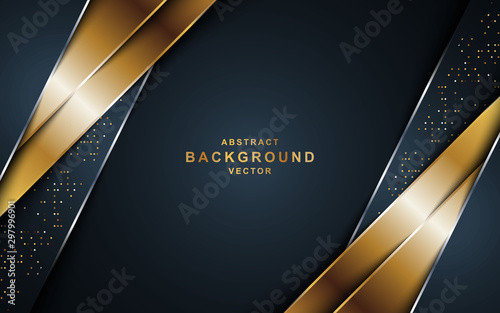 Black background overlap gold and black sheets, modern abstract widescreen background with place for your text or message