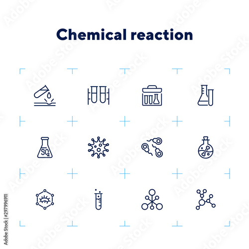 Chemical reaction line icon set. Set of line icons on white background. Molecule, structure, atom, flask. Science concept. Vector illustration can be used for topics like experiment, laboratory