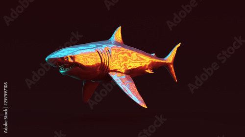 Canvas-taulu Silver Great White Shark with Red Orange and Blue Green Moody 80s lighting 3 Qua