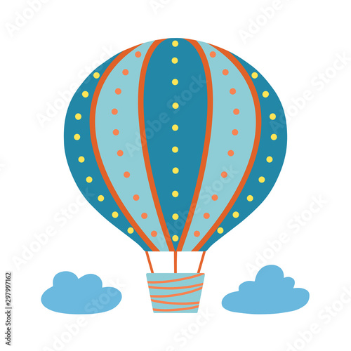 Hot air balloon in cloudy sky kid cartoon. Flat vector elements for children stuff.