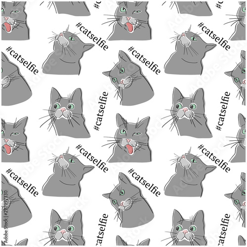 Funny gray cats seamless animal pattern. Cat selfie phrase. Flat vector pet lover design.