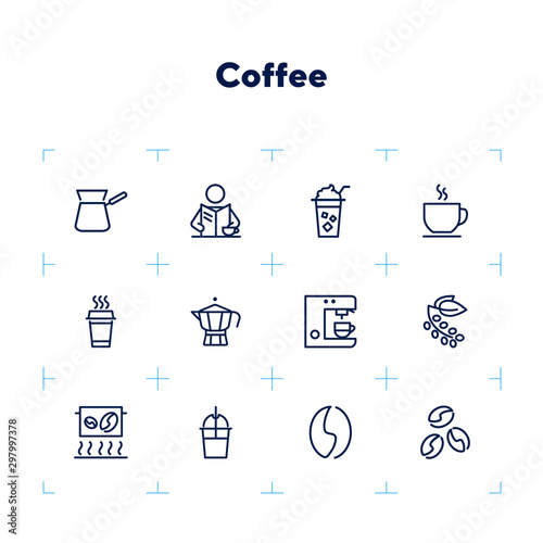 Coffee line icon set. Cappuccino maker machine, takeaway paper cup, bean. Coffee concept. Can be used for topics like coffee shop, break, morning, breakfast