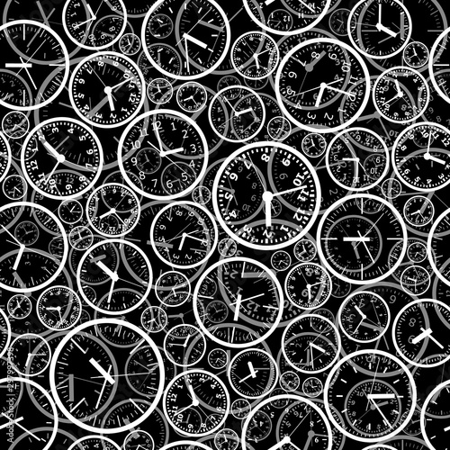 Seamless vector background. Images of watch dials fill the field. Time concept. Vector seamless illustration.