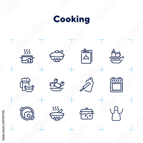 Cooking line icon set. Set of line icons on white background. Kitchenware concept. Knife, frying pan, stewing. Vector illustration can be used for topics like cooking, food, kitchen