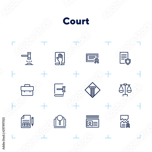 Court line icon set. Gavel, oath, scale. Law concept. Can be used for topics like courthouse, trial, crime