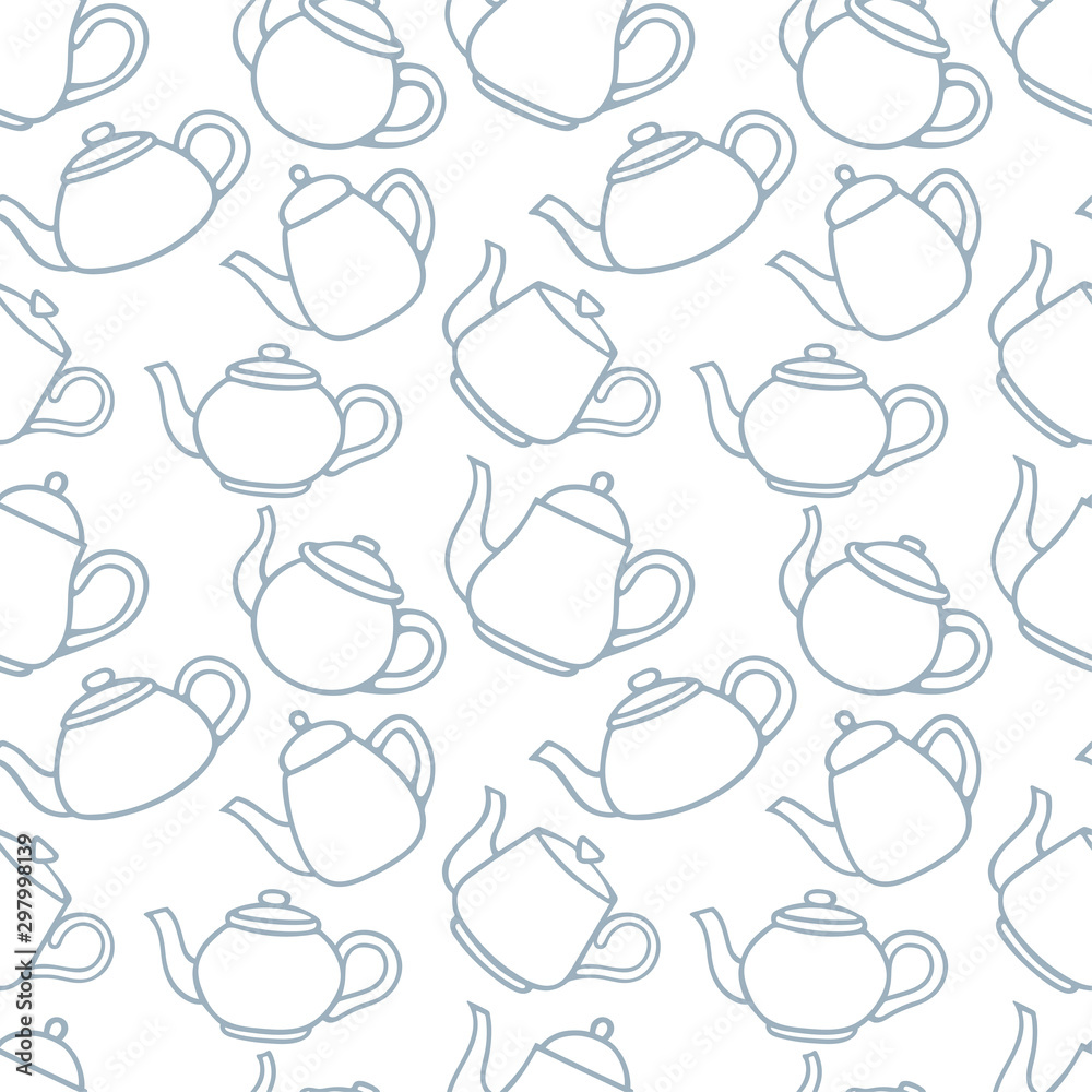 Tea. Teapots hand drawn seamless pattern. Retro kettles sketch drawing endless texture. 