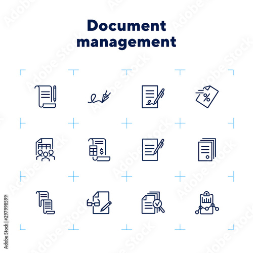 Document management line icon set. Signature, contract, invoice. Paperwork concept. Can be used for topics like business, agreement, accounting