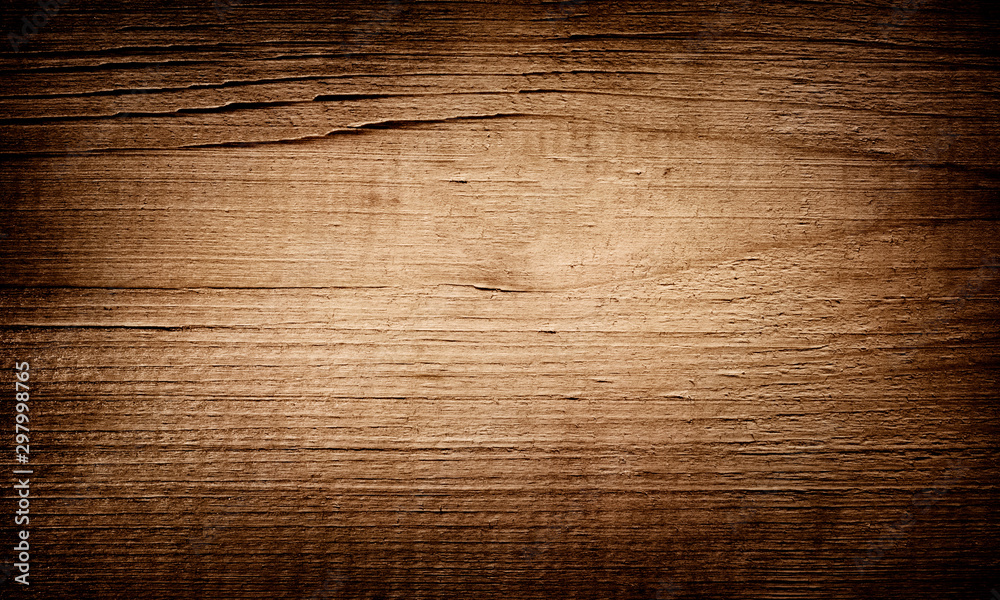 Old brown dark grunge scratched wooden cutting, chopping board. Wooden texture - obrazy, fototapety, plakaty 