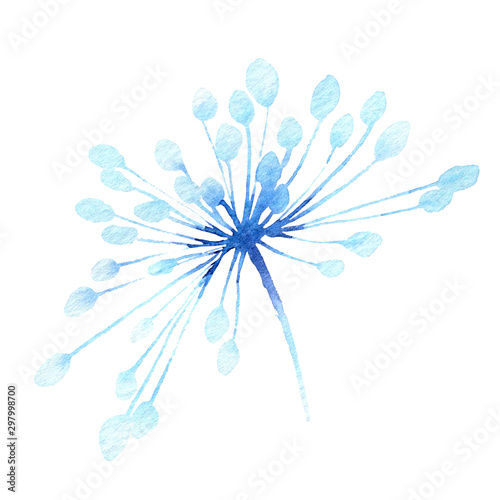 Stylized winter blue inflorescence hand drawn in watercolor isolated on a white background. Winter watercolor illustration. Fantasy dandelion