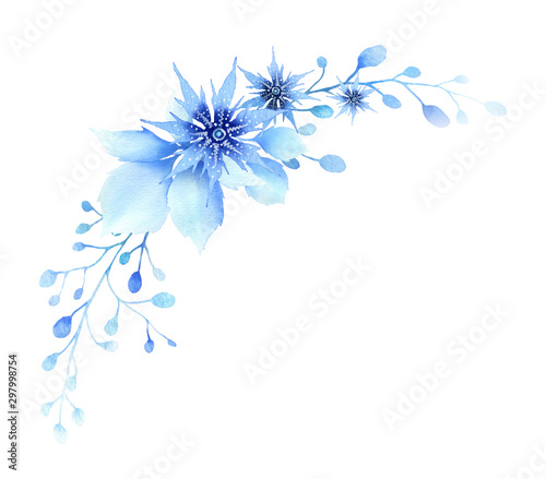 Fantasy winter composition of blue abstract stylized flowers  leaves  herbs and branches hand drawn in watercolor isolated on a white background. Winter watercolor illustration. Fantasy floral frame