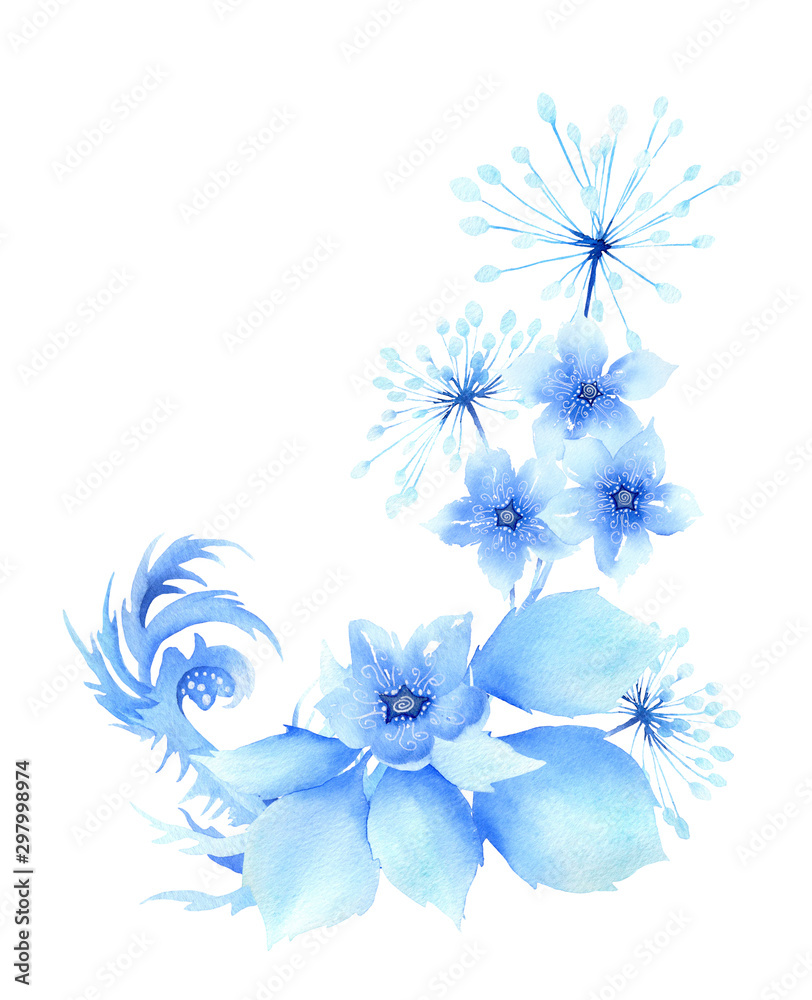 Fantasy winter composition of blue abstract stylized flowers, leaves and inflorescences hand drawn in watercolor isolated on a white background. Winter watercolor illustration. Fantasy winter flowers