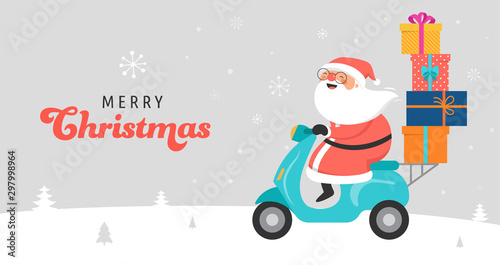 Santa Claus riding on scooter. Delivery christmas gifts concept. Vector illustration