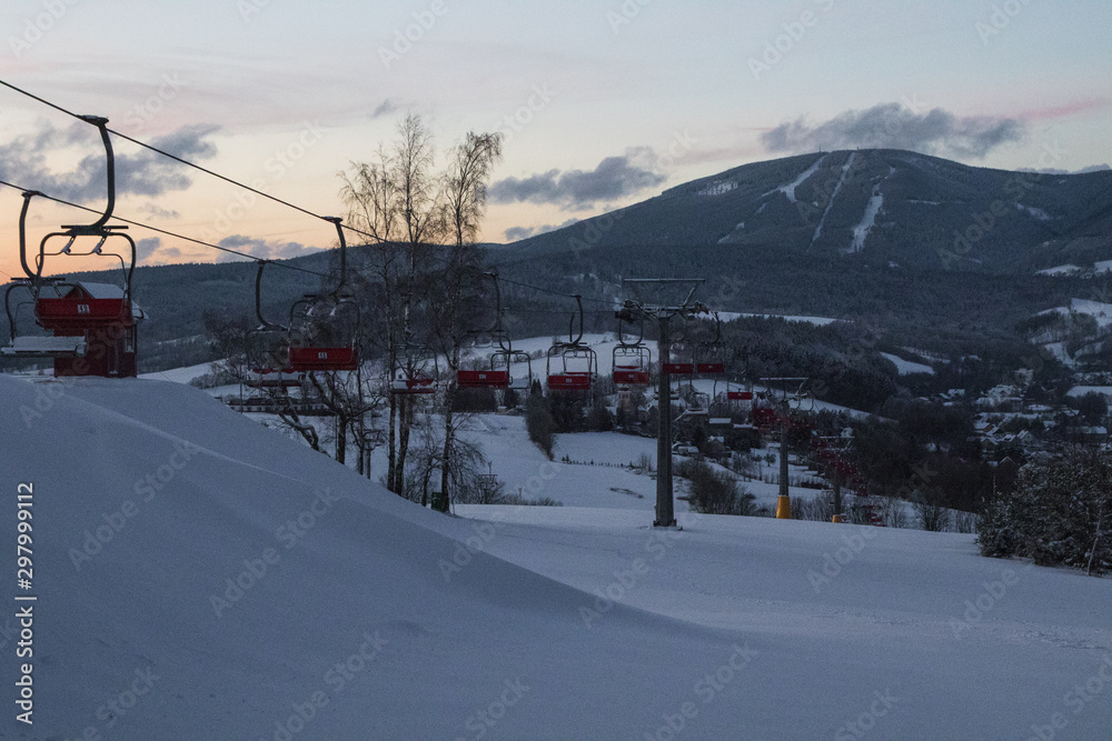 Sunset with ski chair lift, krkonoše, mountains