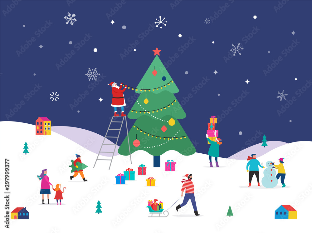 Merry Christmas, winter scene with a big Xmas tree and small people, young men and women, families having fun in snow