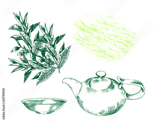Silhouette kettle and cup with tea branches leaves. Hand drawn sketch for print, card, wrapping, menu, label, sticker for black or green tea. Design elegance card. Vector illustration.