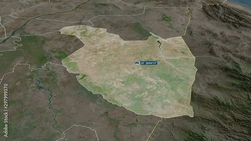 Al Qadarif - state of Sudan with its capital zoomed on the satellite map of the globe. Animation 3D photo