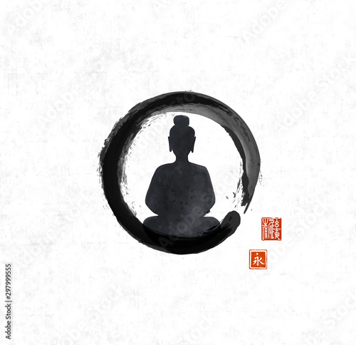 Silhouette of meditating Buddha in black enso zen circle on rice paper background. Heroglyph - eternity, sign of blessing photo