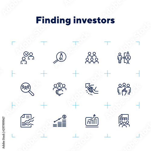 Finding investors line icon set. Magnifier glass, businessman with briefcase, search. Business concept. Can be used for topics like startup, investment, planning, analysis