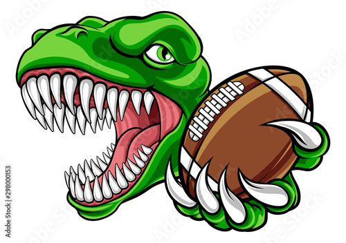 A dinosaur T Rex or raptor American Football player cartoon animal sports mascot holding a ball in its claw