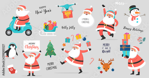 Collection of happy Santa Clauses, dancing, jumping, holding sign, driving on scooter. Vector illustration photo