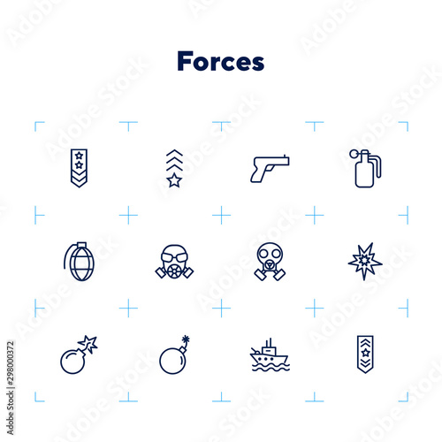 Forces line icon set. Shoulder strap, gun, bomb, ship. Military concept. Can be used for topics like army, war, defense, national security