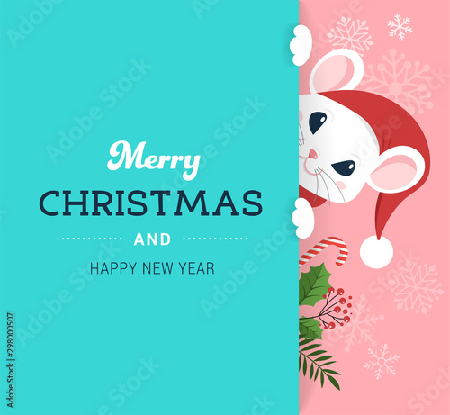 Santa Mouse, Chinese New Year and Merry Christmas concept design. Vector illustration in flat style