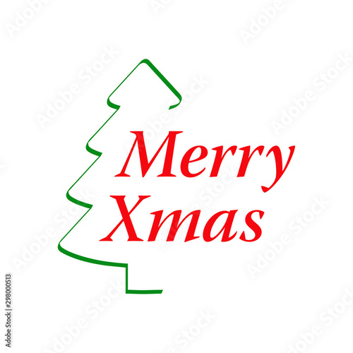 Logotipo con texto Merry Xmas color rojo con árbol de navidad lineal dividido color verde