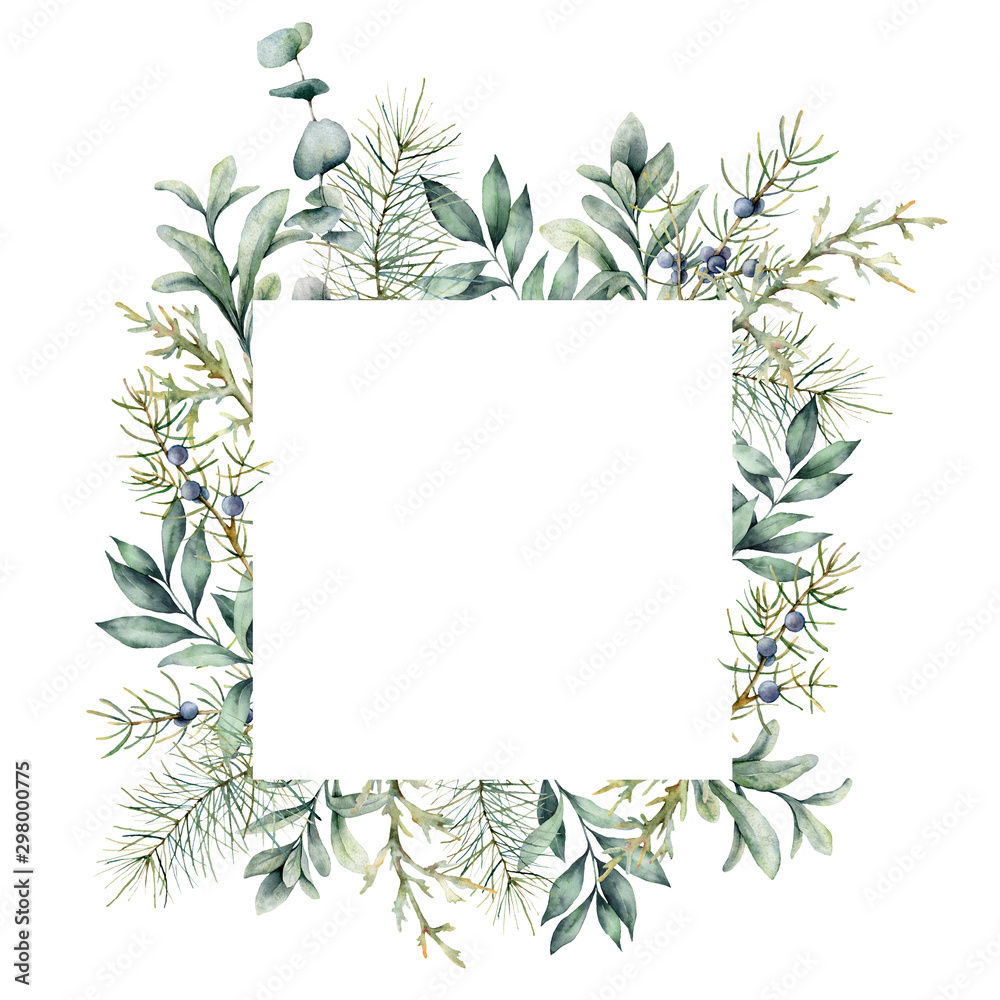 Watercolor Christmas plants card. Hand painted frame with juniper, snowberry, fir and eucalyptus branch isolated on white background. Floral illustration for design, print, fabric or background.