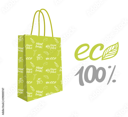 Paper package, vector illustration with seamless pattern. Using eco bags instead plastic. Purchasing organic products and eco food. Bio packet and environmental problem of the Earth.