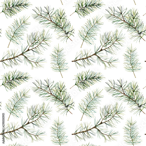 Watercolor botanical seamless pattern with pine branches. Hand painted winter holiday plants with fir isolated on white background. Floral illustration for design  print  fabric or background.
