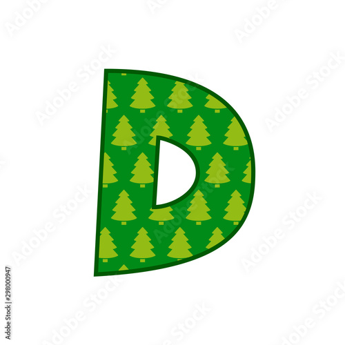 Logotipo letra D con patrón de árboles de navidad en color verde