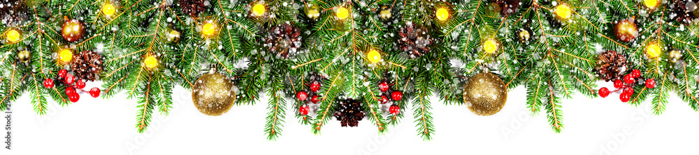 Amazing christmas border with fresh fir branches isolated on white. Golden balls, snow, cones, little light and red berries composition. - obrazy, fototapety, plakaty 